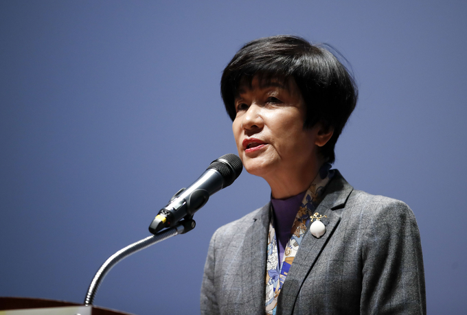 사진설명=김영주 국회부의장이 지난 4월 27일 오후 서울 한국거래소 컨퍼런스홀에서 열린 4.27판문점선언 5주년 기념 학술회의에서 축사하고 있다(사진=뉴시스).