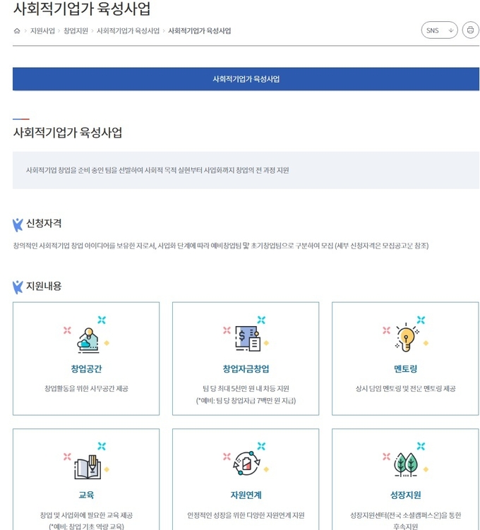 사회적기업가 육성사업 홈페이지 화면 캡처