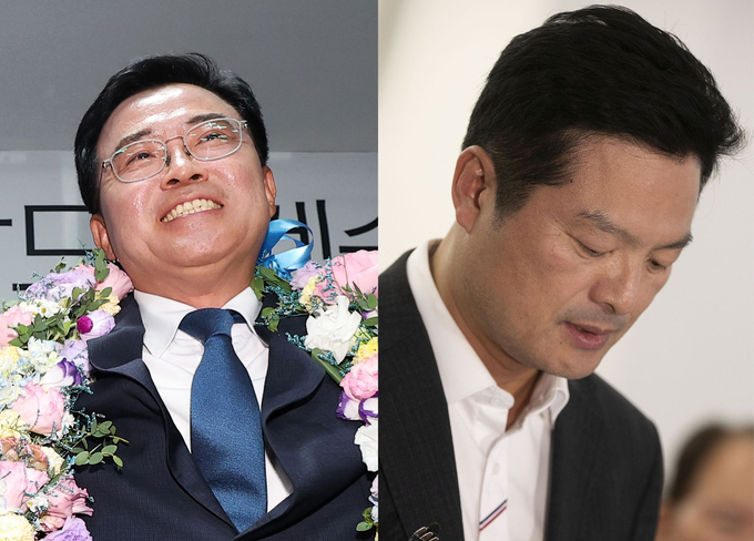 강서구청장 보궐선거 당선이 확실시 된 진교훈 더불어민주당 후보가 11일 서울 강서구 소재 선거캠프에서 승리를 기뻐하고 있다. 오른쪽 사진은 김태우 국민의힘 후보가 낙선을 인정하며 입장을 말하고 있는 모습/사진=뉴시스