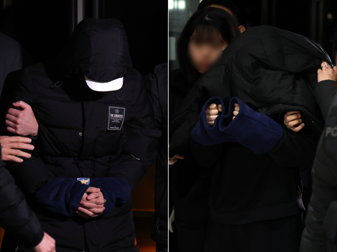 경복궁 낙서테러 용의자 10대 남녀가 19일 수원에서 체포돼 서울 종로경찰서로 압송되고 있다./사진=뉴시스