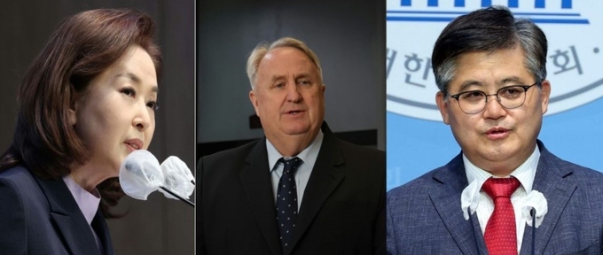 김민전 의원(왼쪽부터), 인요한 의원, 함운경 서울 마포을 당협위원장이 25일 국민의힘 최고위원 출마를 선언했다./사진=뉴시스