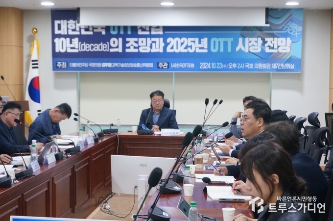 23일 국회에서 열린 '대한민국 OTT 산업 10년의 조망과 2025년 OTT 시장 전망' 세미나. 도준호(가운데) 숙대 교수가 좌장을 맡았다. 글·사진=송원근 기자