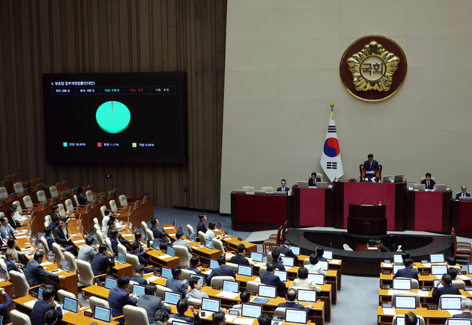 지난 5일 서울 여의도 국회에서 열린 제427회 국회(임시회) 제3차 본회의에서 방송법 일부개정법률안(대안)이 가결되고 있다. 사진= 뉴시스.