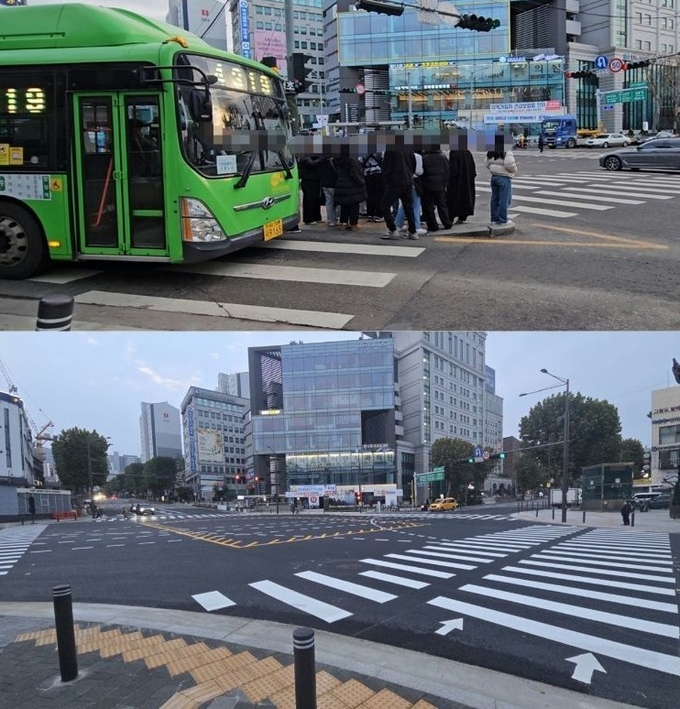 서울시 서초구 방배역 교차로 교통섬 제거 전(위)·후 모습. 사진= 서울시 제공.